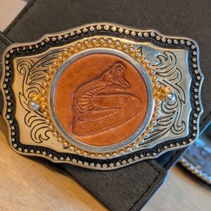 Western Rattlesnake Belt Buckle Tooled Leather Inlay Made in USA